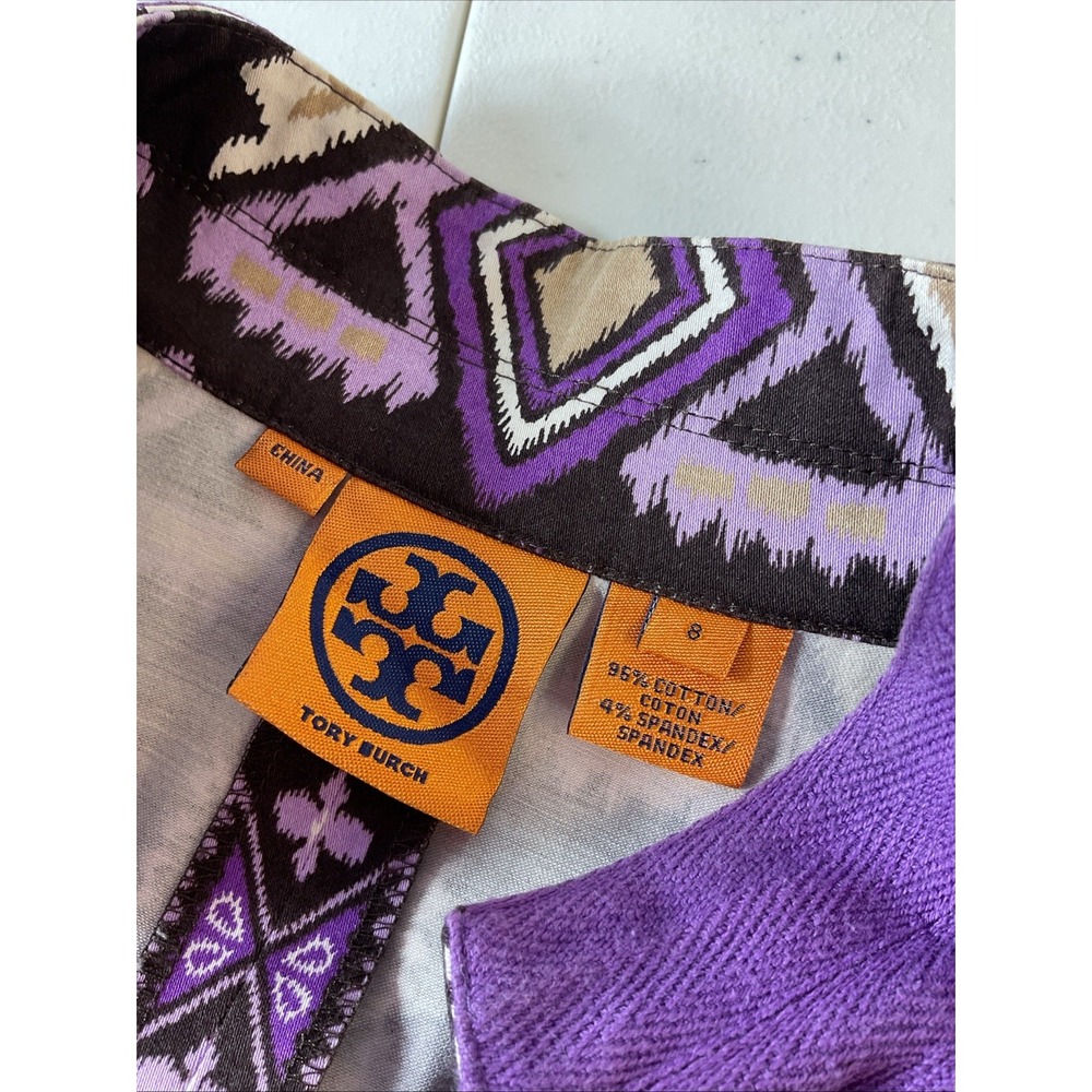 Tory Burch Dress sz 8 Purple Brown Ikat Tribal Print Cotton Caftan Tunic Boho - Picture 4 of 10